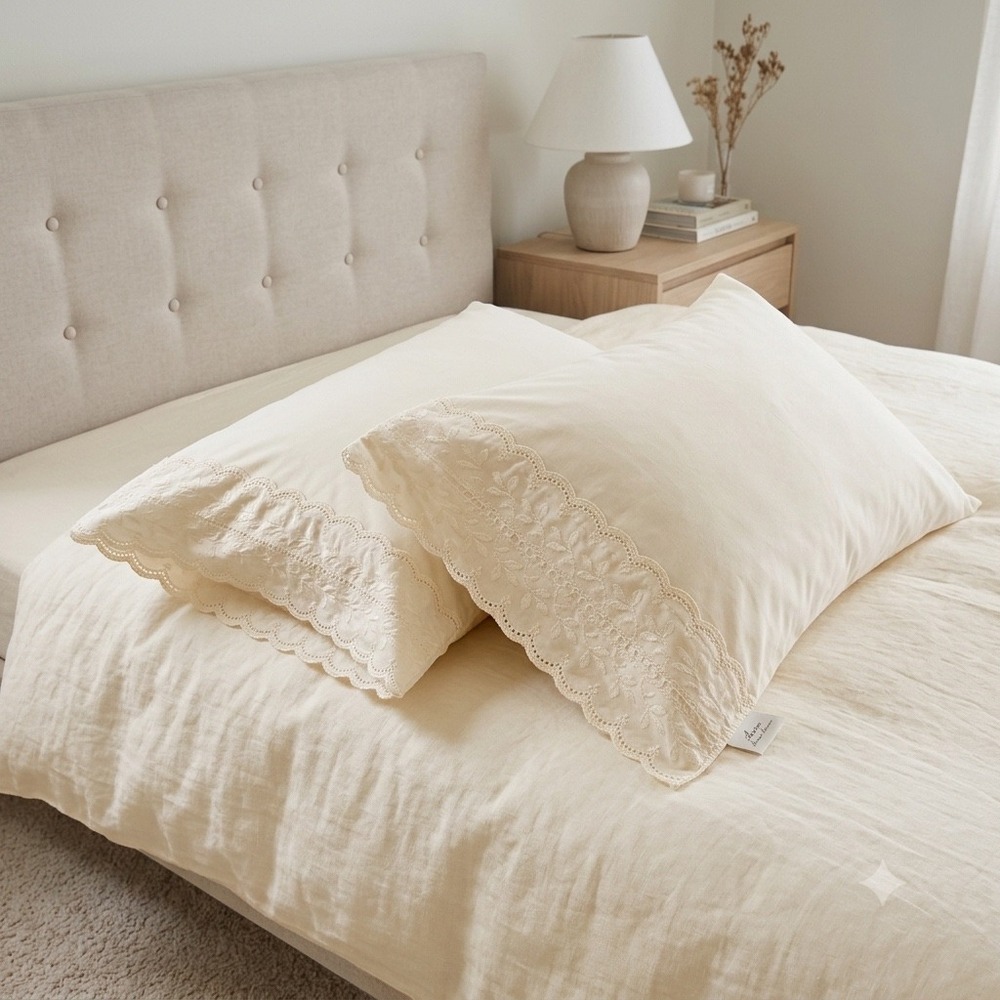 WestPoint Stevens Vintage Cream Eyelet Lace Trim Pillowcase Set of 2 Made in USA